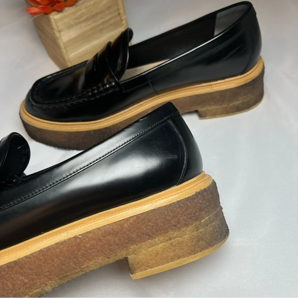 Loeffler Randall Sleek Black Loafers with Tan Platform Sole